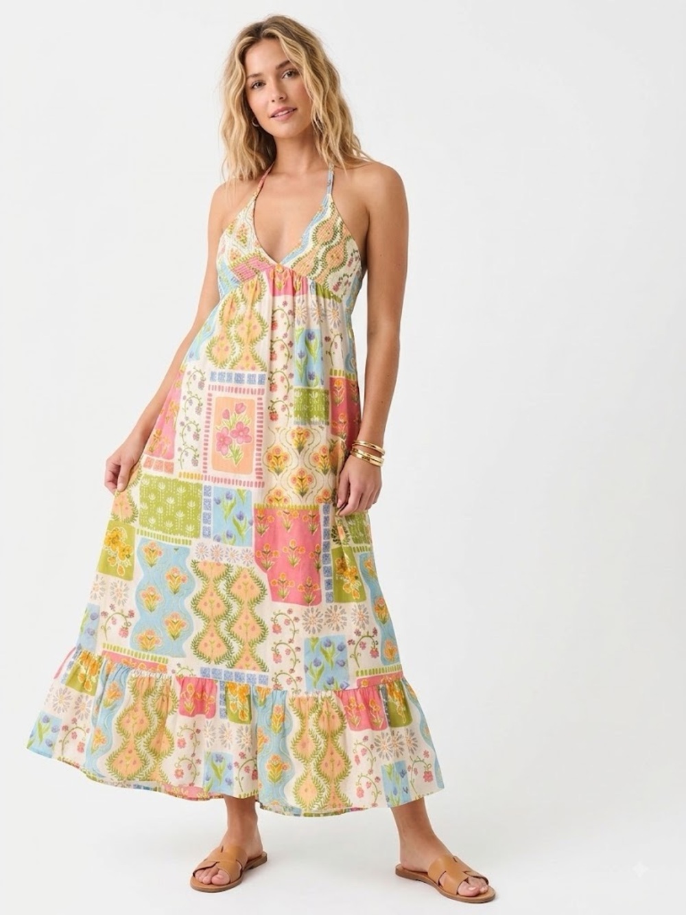 NWT Patrons of Peace Floral Patchwork Halter Maxi Dress Small Tie Back Boho